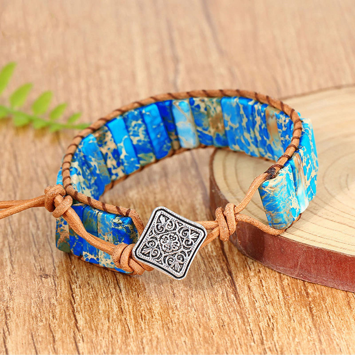 KunBead Blue Chakra Imperial Jasper Bracelets for Women Healing Crystal Natural Stone Bead Leather Wrap Handmade Rope Adjustable Bracelets