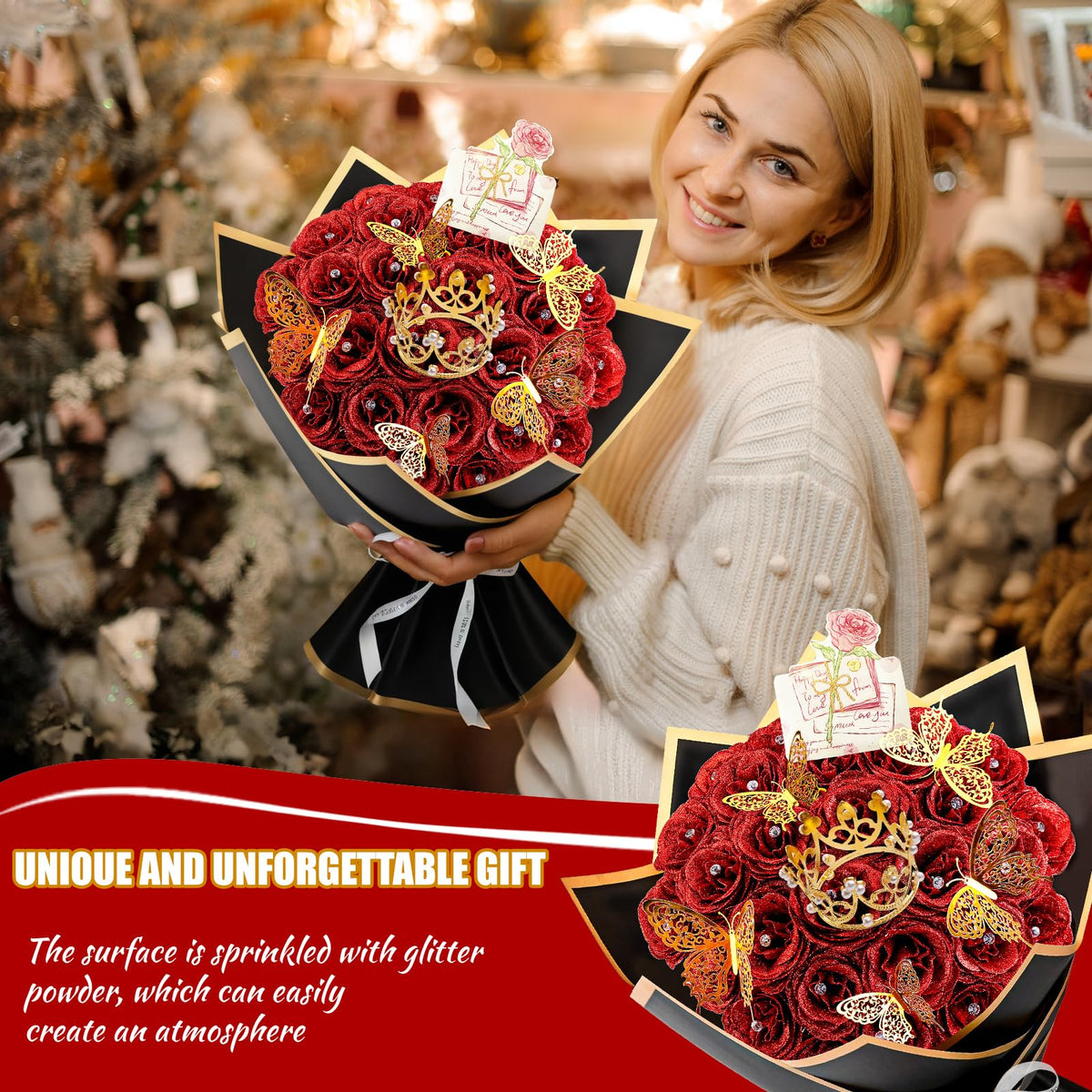 28 Red Glitter Roses Bouquet, 2026 Graduation Flowers Bouquet for Her DIY Fake Artificial Flower Bouquet Kit with Diomand Pins,Red Roses for Anniversary,Weddings,Mothers Day