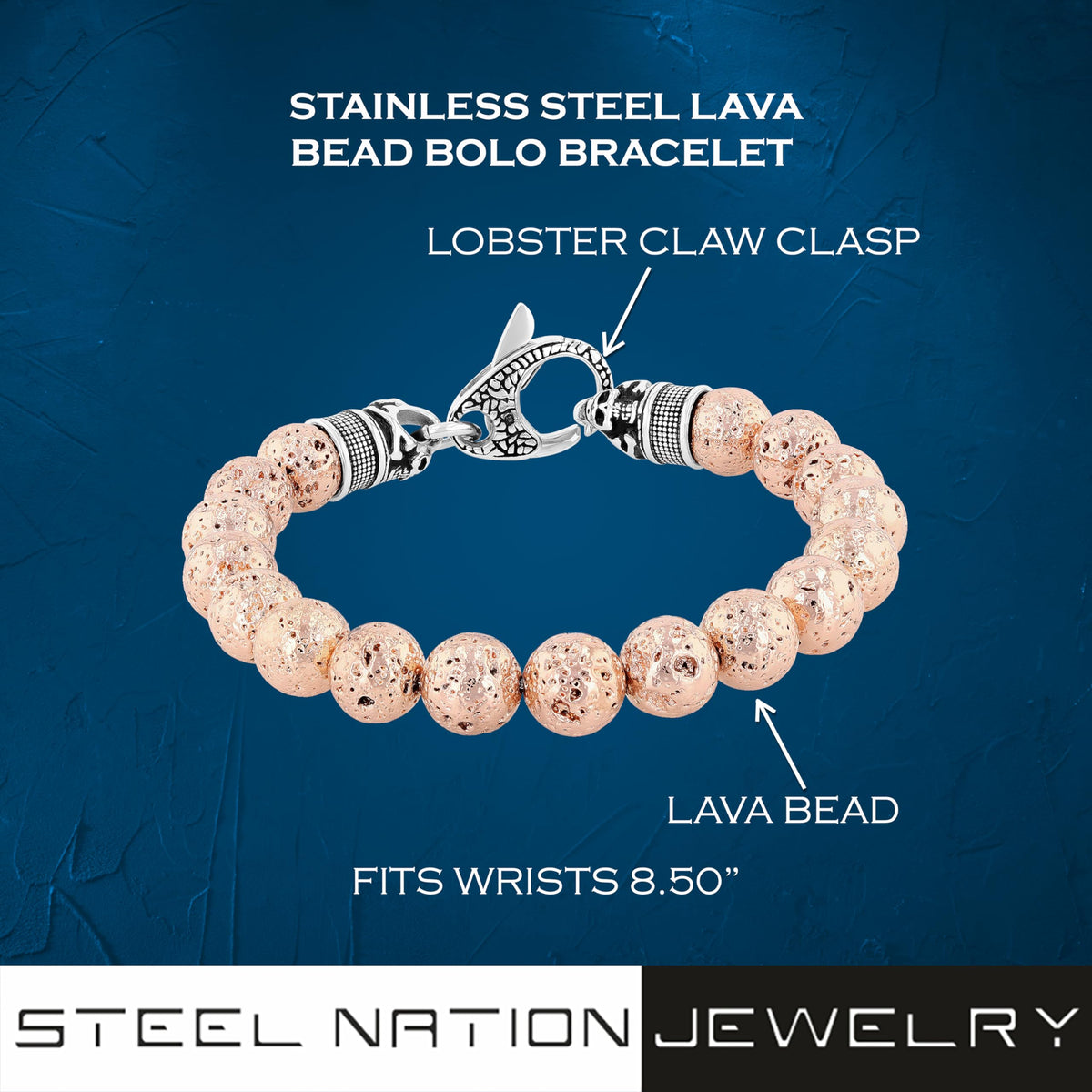 Steel Nation Men's 10mm Lava Bead Bolo Bracelet - Volcanic Rock Style Adjustable Comfort Stainless Steel