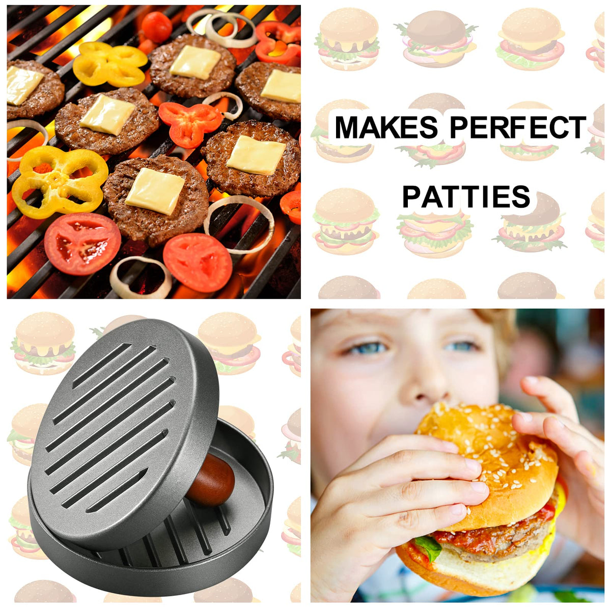PIQUEBAR Burger Press Patty Maker Stainless Steel Hamburger Patty Press Mold Wood Handle Non-Stick with 100 Patty Papers