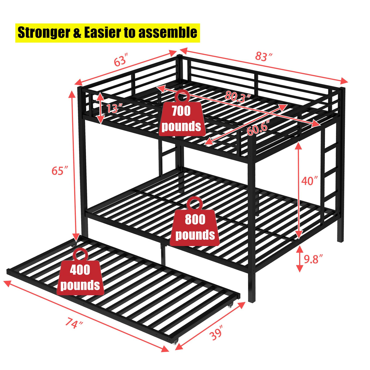 TIHWOALL Upgraded & Stronger Heavy Duty Metal Queen over Queen Bunk Bed with Twin Size Trundle, More Stable Safer Thickened Bunkbeds (Greater Weight Capacity) (Queen over Queen Bunk with Twin Trundle)