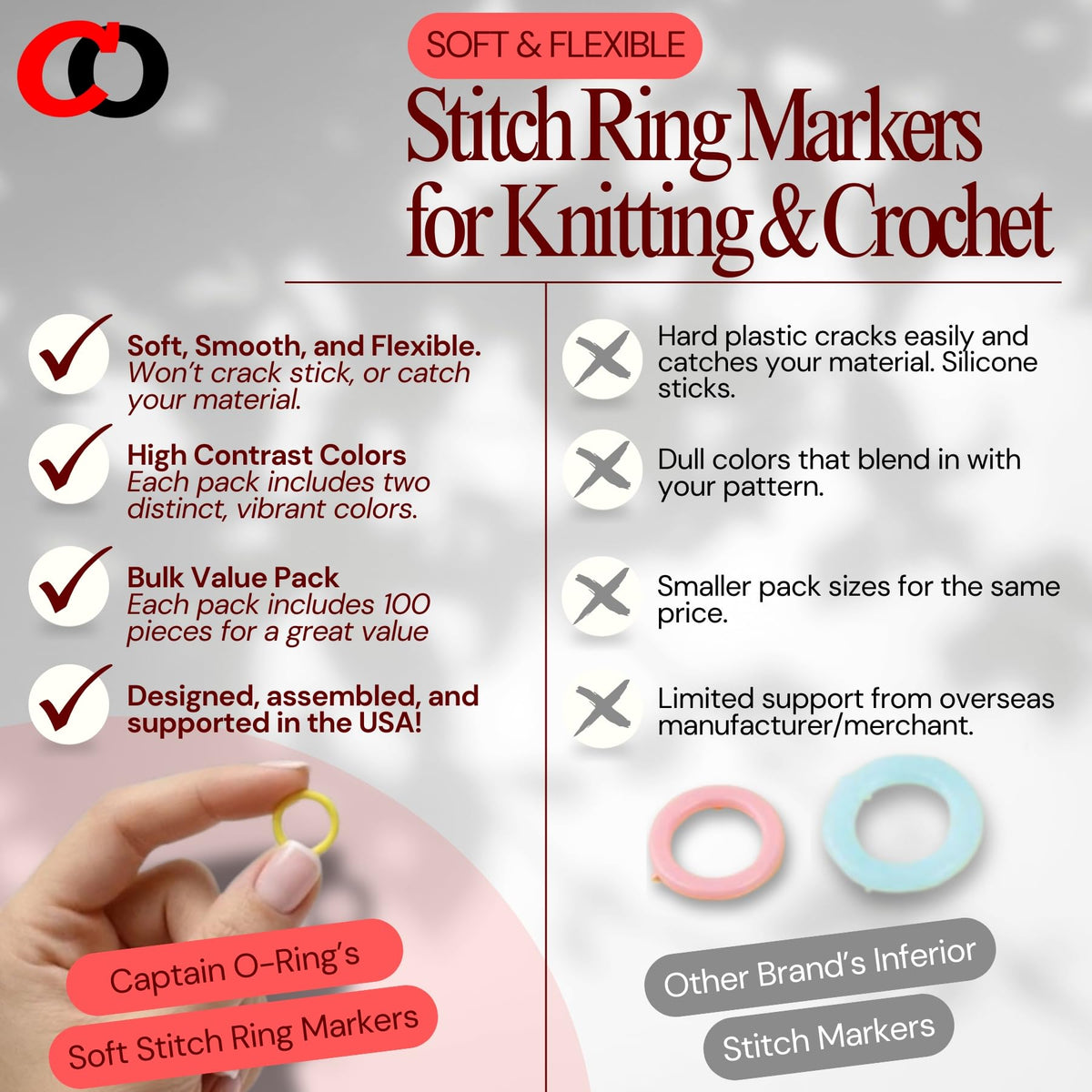 (100 Pack) Soft Stitch Ring Markers for Knitting and Crochet - Flexible, Snag-Free Rubber Stitch Markers (Large Size for Needle Sizes 17-35, Orange & White)
