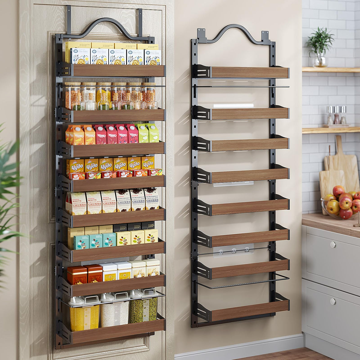 Freexployer 8-Tier Spice Rack Wall Mount, Heavy-Duty Over the Door Pantry Organizer with Wooden Adjustable Basket, 2 IN 1 Wall Mount or Hanging Pantry Door Organizer,Door Spice Rack for Pantry, Black