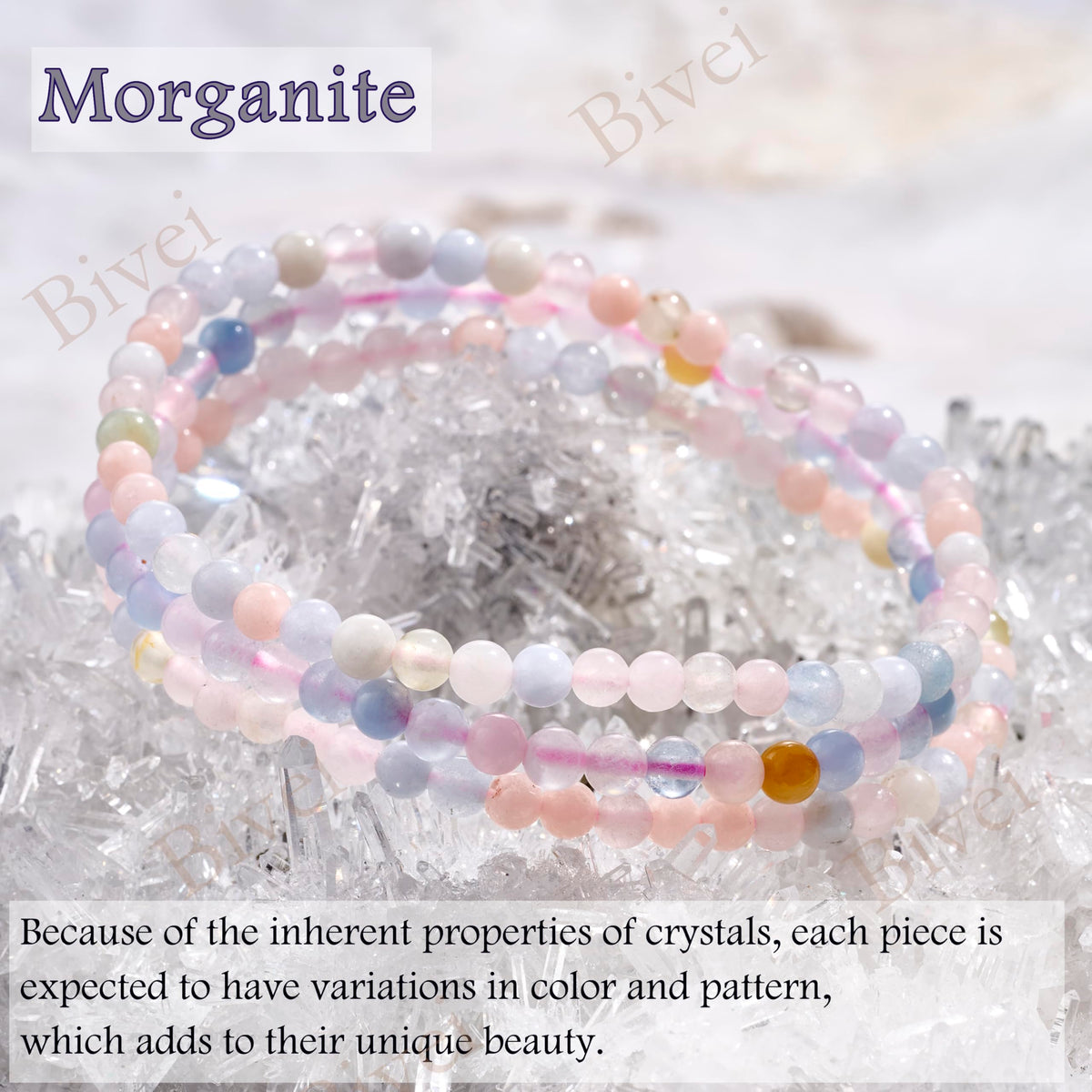 Bivei Morganite - Soothing - 4mm Beaded Bracelets for Women Handmade Semi Precious Natural Stone Stretch Elastic Jewelry Yoga Protection Gifts Small