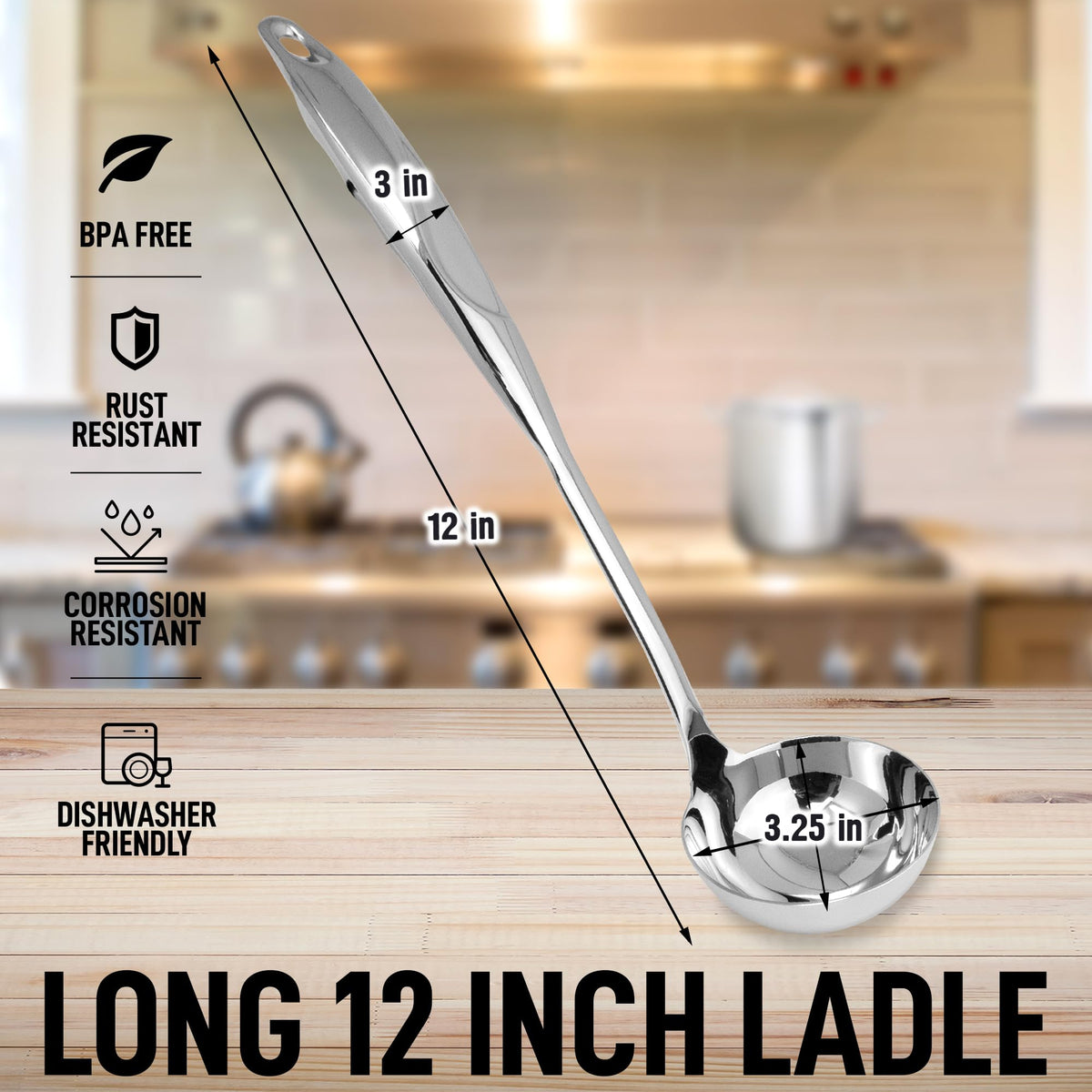 Zulay Kitchen Stainless Steel Soup Ladle - 13” Large Ladle for Soups, Stews & Sauces - Durable, Heat-Resistant, Rust-Proof & Dishwasher Safe Kitchen Utensil with Ergonomic Handle