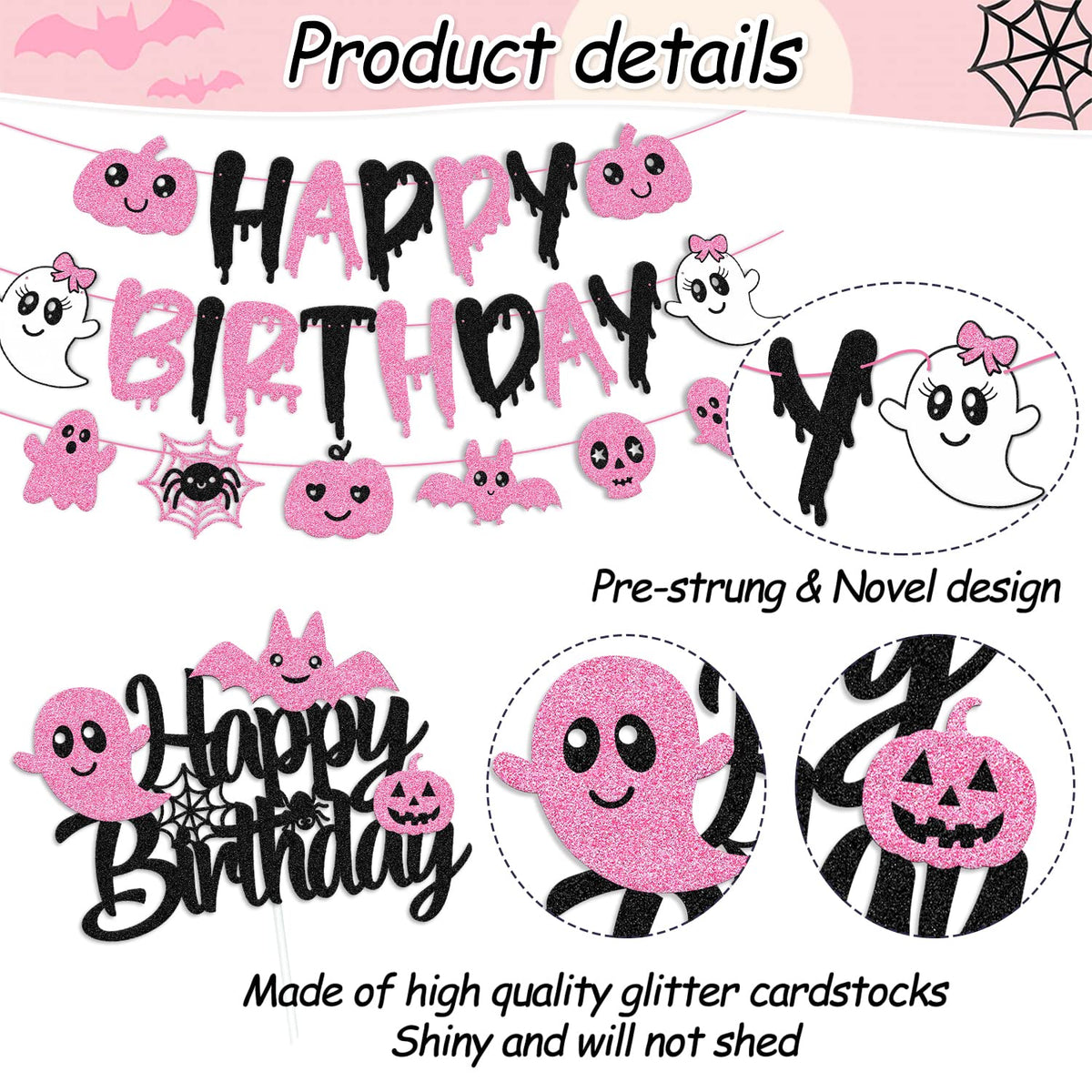 67 Pcs Halloween Birthday Decorations Pink Black Birthday Banner Cake Topper Cupcake decoration Bat Wall Stickers Halloween Theme Balloons Happy Bday Party Supplies