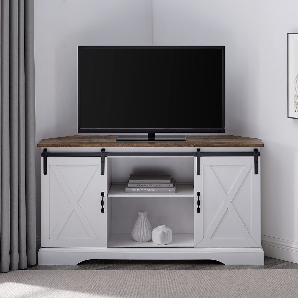 Walker Edison Everette Modern Farmhouse Double Sliding X Barn Door TV Stand for TVs up to 58 Inches 52 Inch Reclaimed Barnwood and Solid White