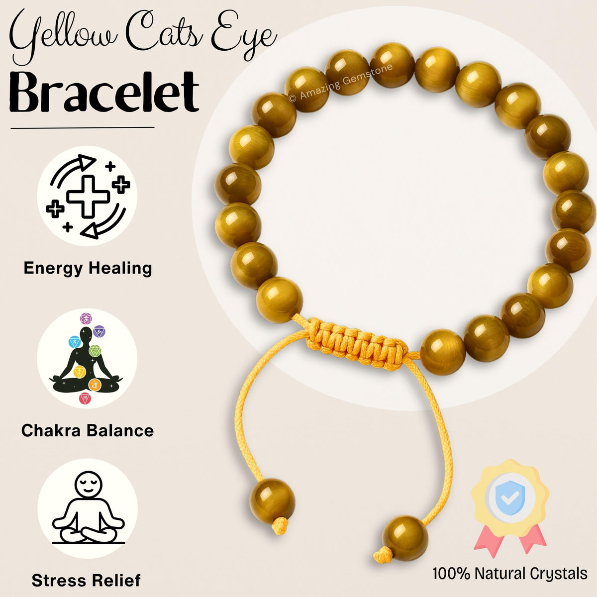 Amazing Gemstone Yellow Cat's Eye Bracelet for Women Men's Gifts - Protection Healing Crystal Bracelet - 8mm Gemstone Beaded Adjustable Bracelet