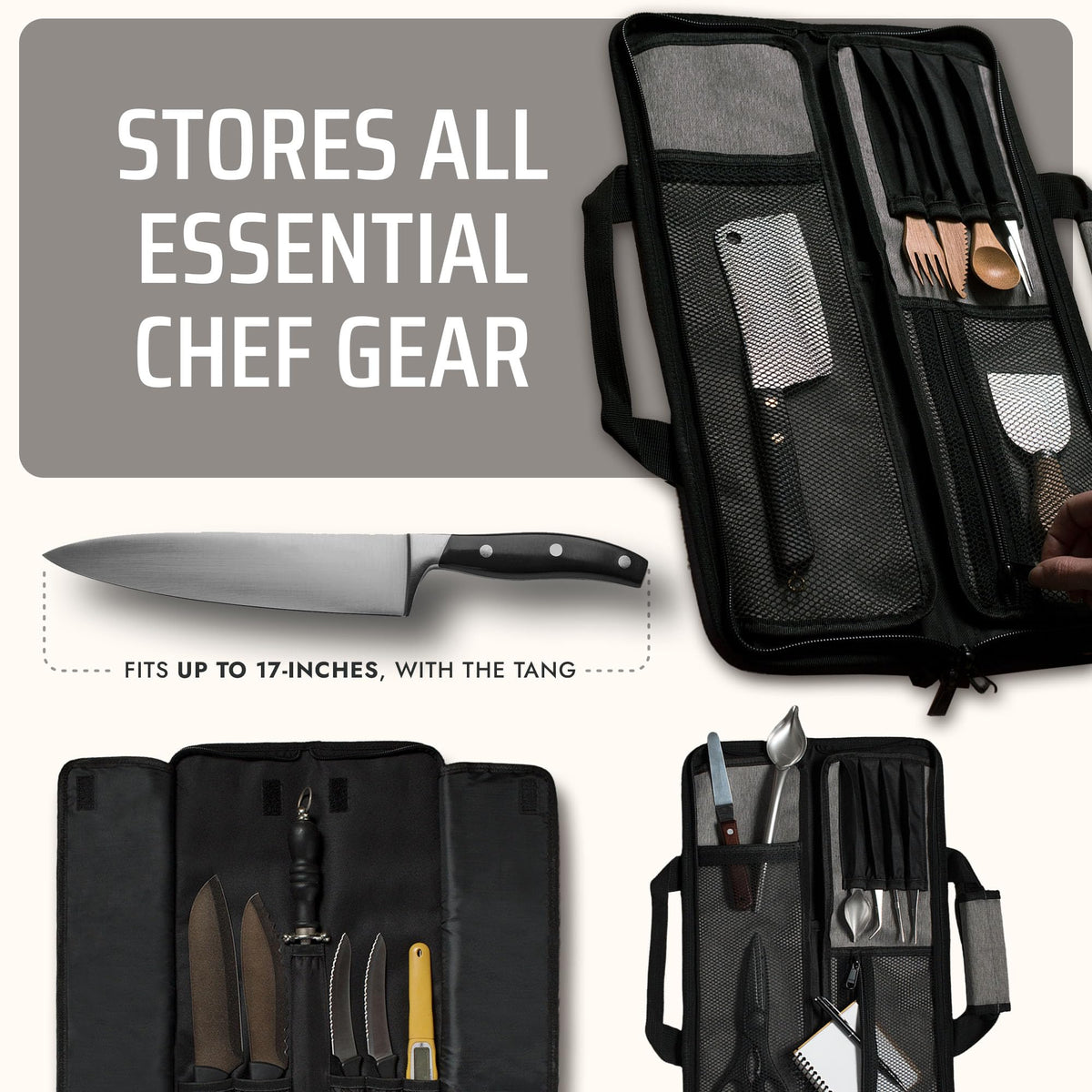 Asaya Chef Knife Roll Bag - 12-Pocket Chefs Case for Kitchen Knives and Utensils, Lightweight Stain-Resistant Waxed Nylon Chef Knife Bag - Knives Not Included (Grey)