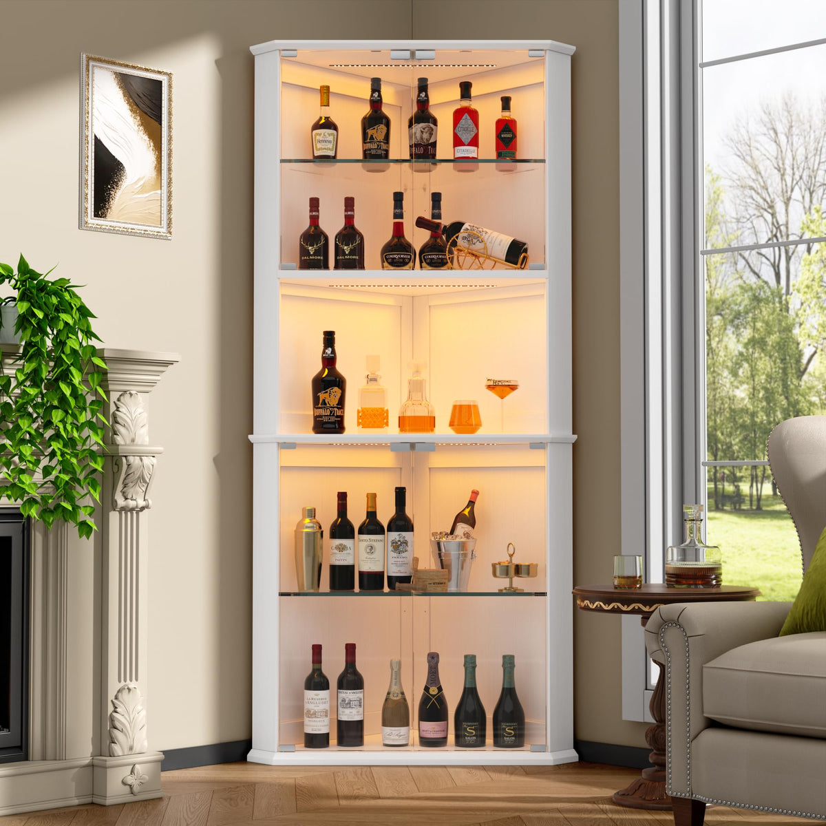 kepptory 71.6" Corner Display Cabinet with LED Lights, 5-Tier Tall Curio Cabinet with Adjustable Glass Shelves&Glass Door, Wine Cabinet for Living Room, Home Bar (White, 25.2''x21.6''x71.6'')