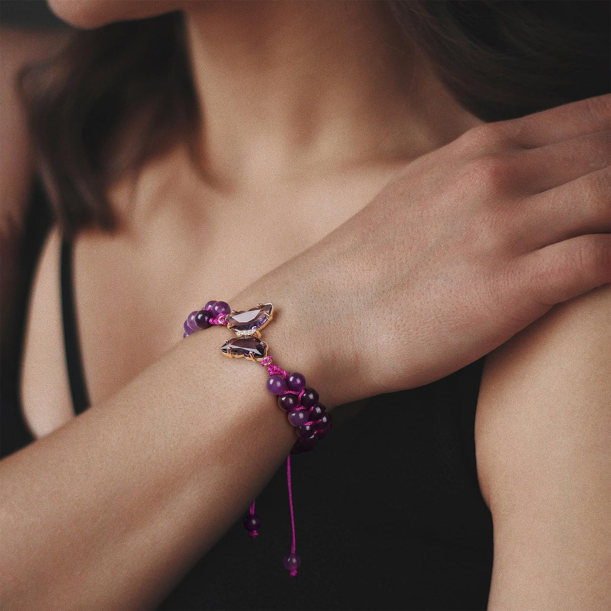 GolbalJew Natural Amethyst Bracelet for Women Healing Crystal Stone Bracelets Adjustable Braided Butterfly Charms Purple Gemstone Beads Bracelet Jewelry Women Gift