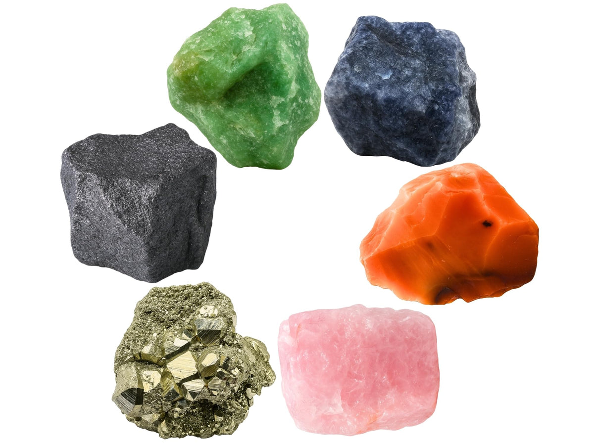 Amazing Gemstone Crystals for Motivation & Self Belief Manifestation, Set of 6 Green Aventurine, Pyrite, Hematite, Iolite, Carnelian and Rose Quartz Healing Crystals and Stones