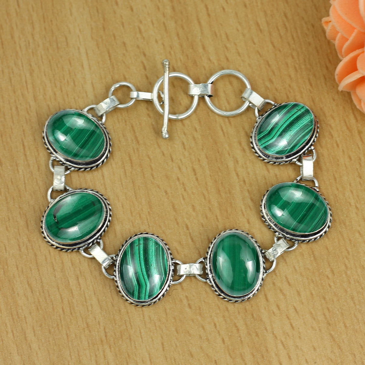 Natural Malachite Silver Plated Handmade Link Bracelet for Women - April Birthstone Oval Gemstone Adjustable Bracelet Vintage Style Bohemian Jewelry - Gifts for Mom Wife Sister Her