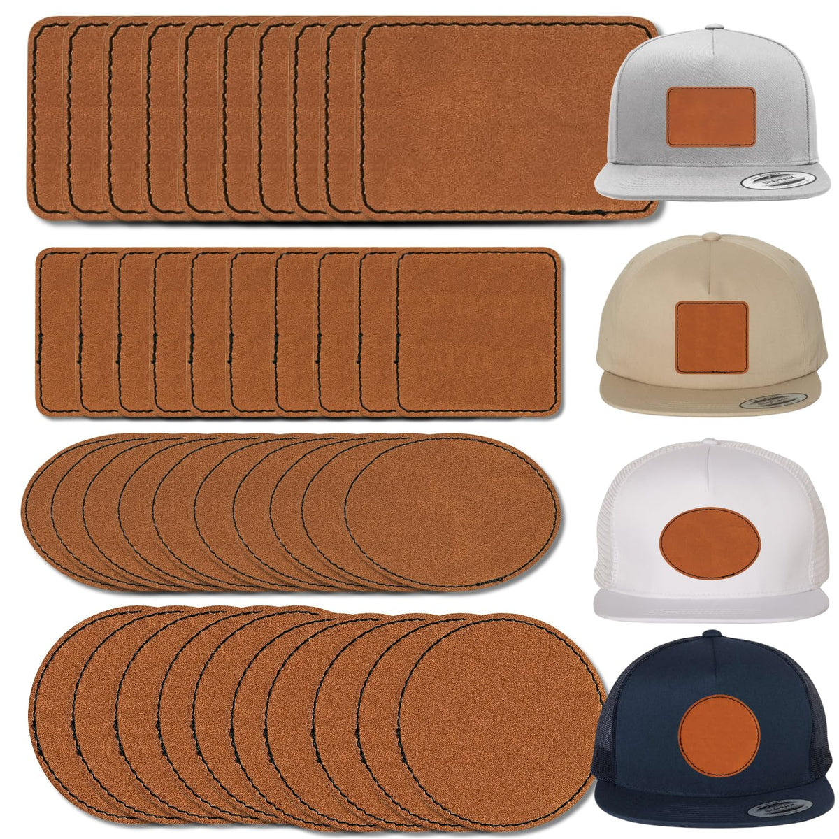 Leather Patches for Hats - 10 Pack, 3"x2" Blank Adhesive Back, Leather Hat Patches, Iron On, Laser Engraving Ready