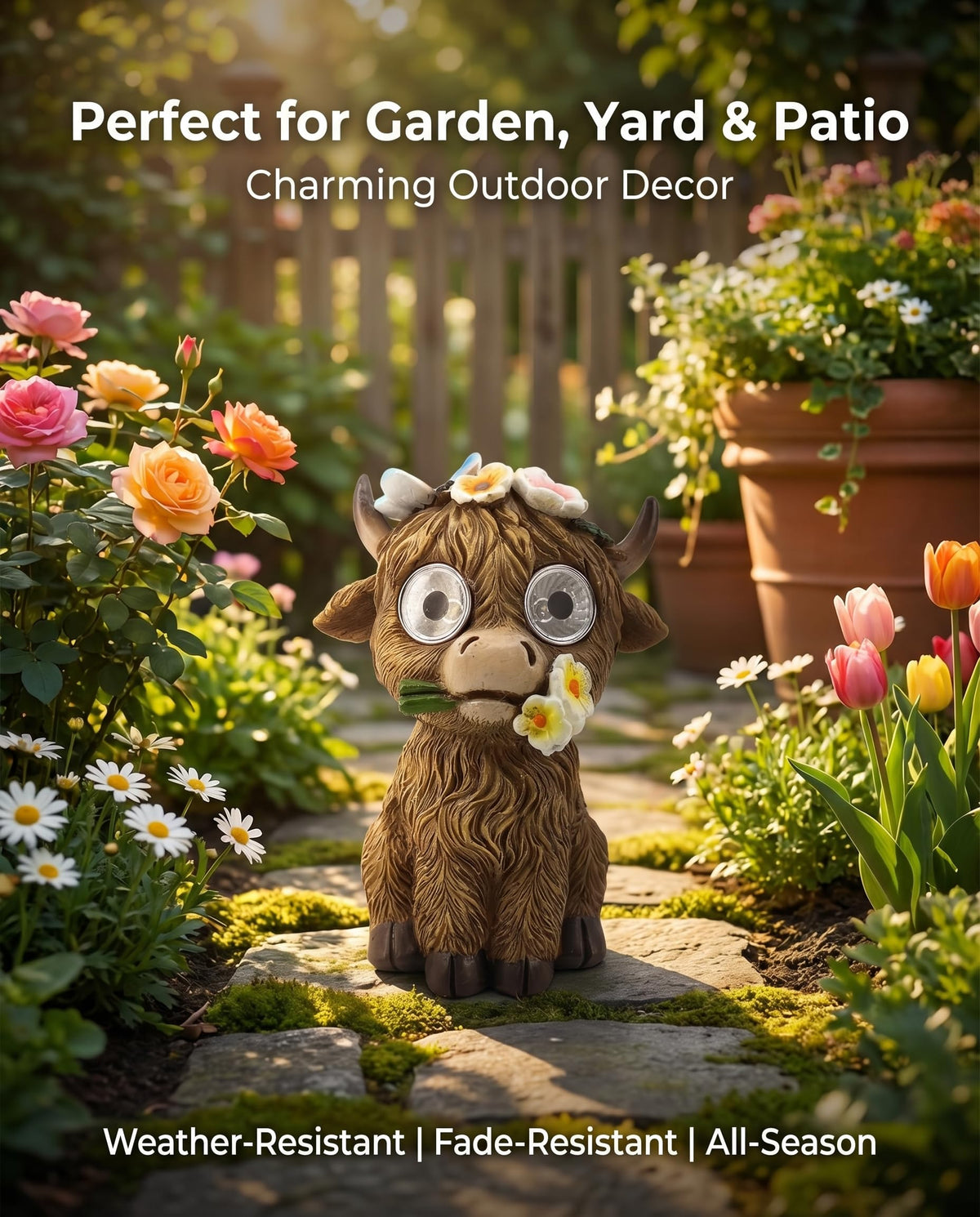 2 Solar Cow Garden Statues with Lighted Eyes – Cute Highland Cow Outdoor Decor, Waterproof Resin Animal Figurines for Yard, Patio, Lawn & Gifts (2-Pack)