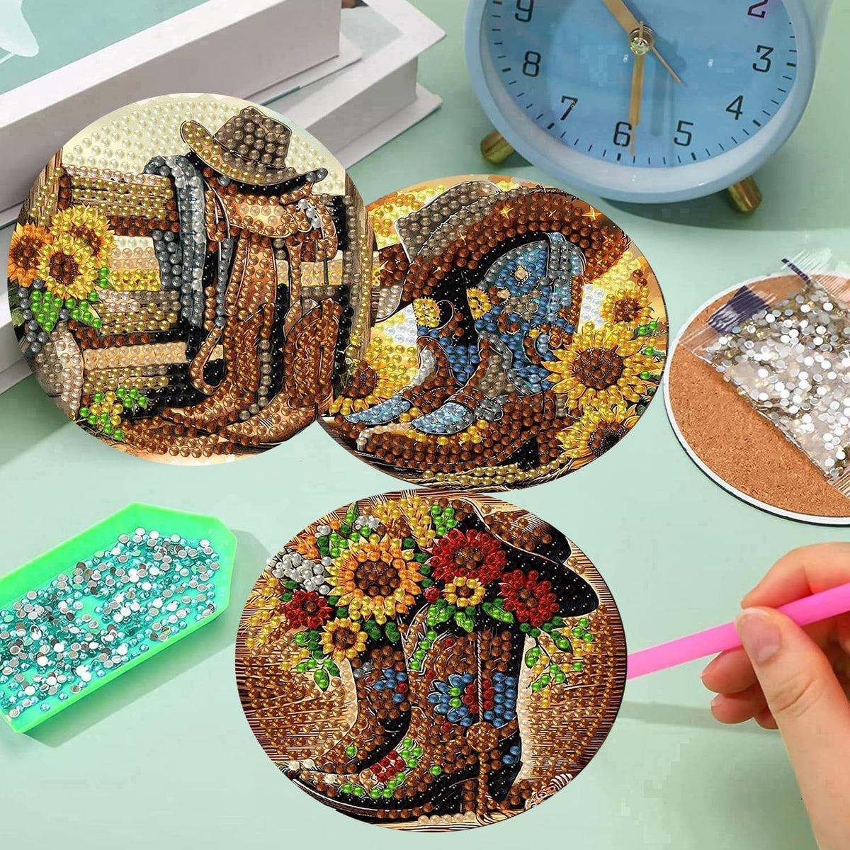 8 Pcs Diamond Art Coasters Kit for Adults, Cowboy Boots Flowers Diamond Painting Coasters with Holder Cork Pads, DIY Diamond Art Non Slip Coaster Crafts Kits for Adults Beginners Gifts