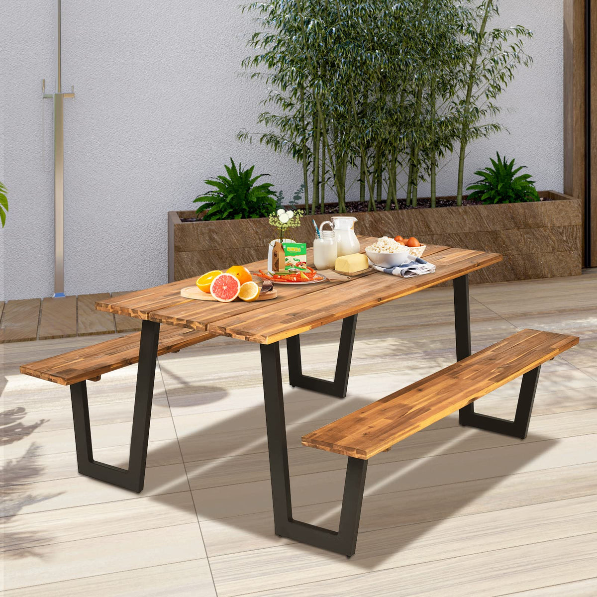 Tangkula Patented Wooden Picnic Table, Outdoor Acacia Wood Picnic Table with 2 Built-in Benches, Umbrella Hole, Steel Frame, Outside Table and Bench Set for Garden, Backyard, Porch, Patio