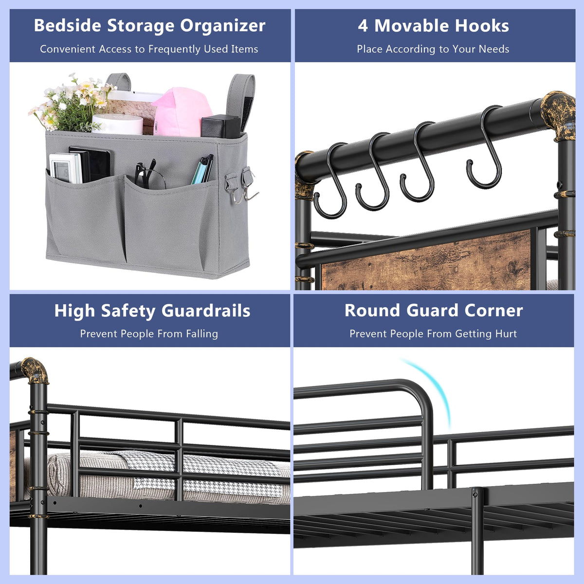 Jocoevol Metal Bunk Bed Twin Over Full, Industrial Bunkbeds Heavy Duty Bed with Safety Guard Rails and Space-Saving Design, Steel Bed for School, Bedroom (Vintage Brown)