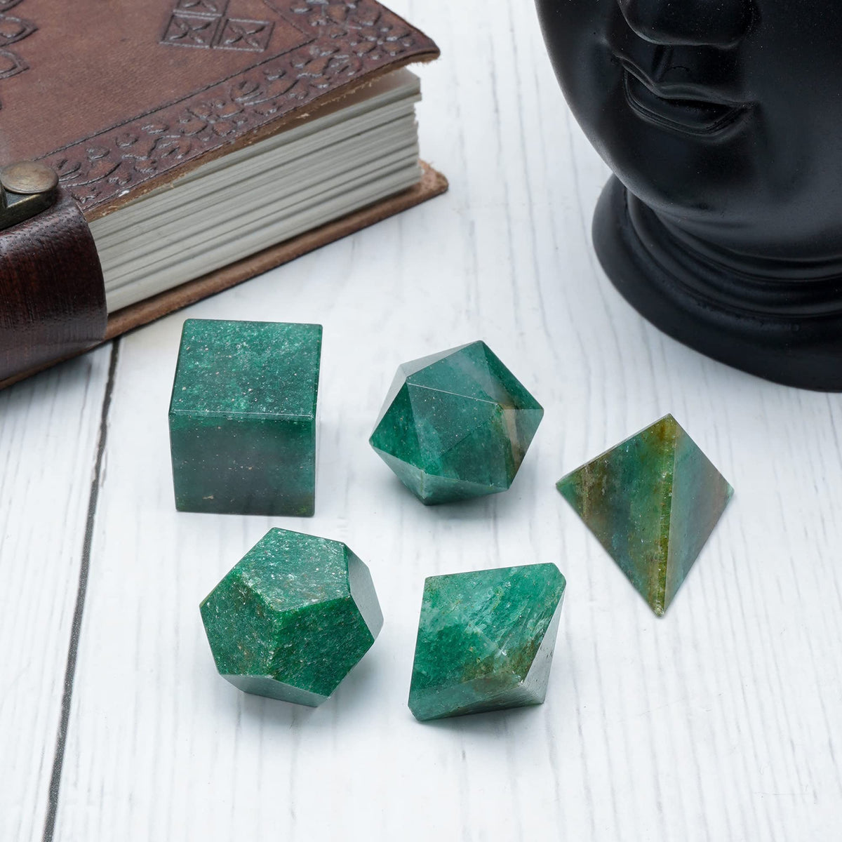 Crocon Green Mica 5Pcs Platonic Solids Crystal Geometry Set, Platonic Solids Sacred Geometric Stones for Meditation Reiki Balancing Healing Chakra Stone Cleansing Spiritual Good Luck (1520 mm)