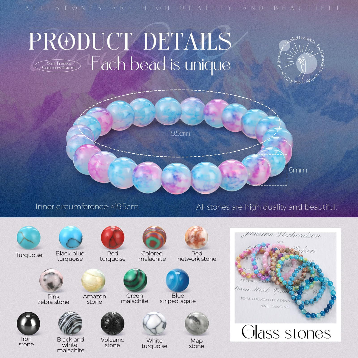 Landical 24 Pcs 8mm Gemstones Beaded Bracelets for Men Women Stretch Round Bead Bracelets Set Healing Crystal Stone Bracelets Semi Precious Bracelets