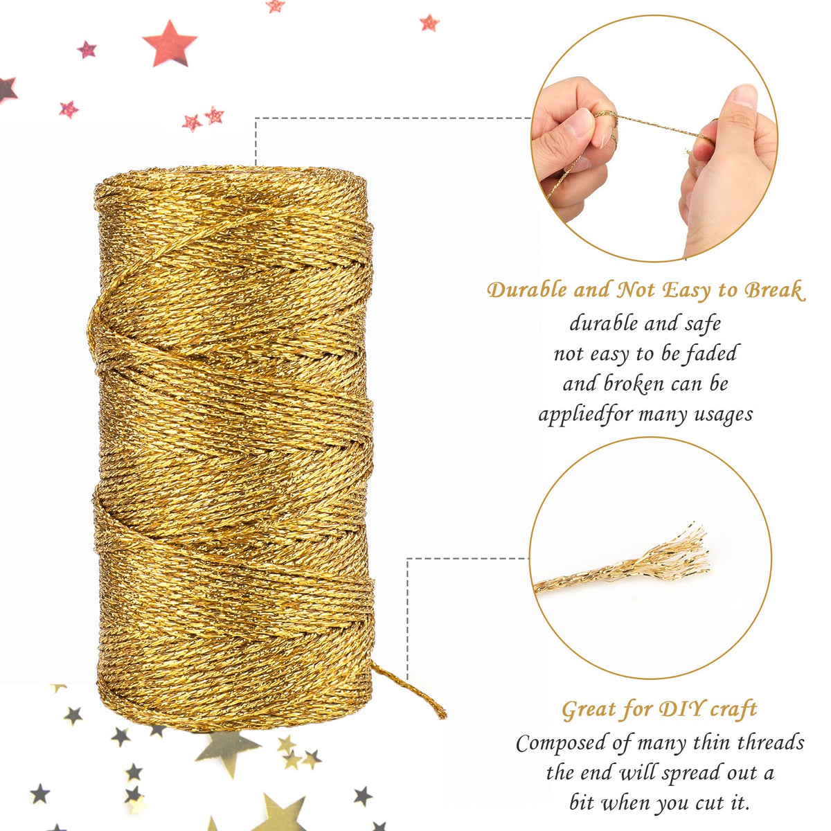 jijAcraft 656 Feet Gold String Twine - 1.5mm Metallic Ornament Thread Gift Wrapping - Inelastic Macrame Glitter Twine Cord for Gift Wrapping, DIY Crafts, Bracelets