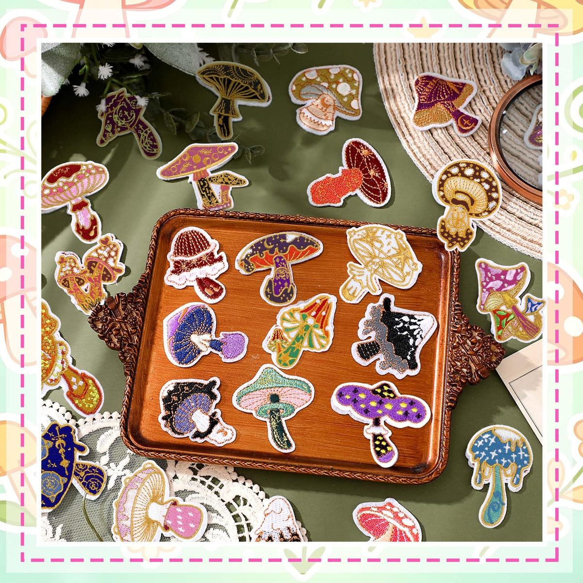 Thiccywoov 120 Pcs Iron on for Clothing Patches Mini Retro Patches Appliques Iron on Sew on Embroidered Stickers for DIY Gift Jackets Jeans Backpacks Hats Dress Pants Shoes Craft (Mushroom)