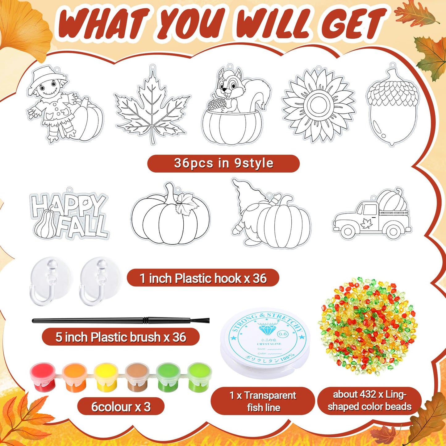 Pasimy 36 Sets Fall Crafts Kit Pumpkin Leaf Suncatchers Paint Your Own Autumn Window Hanging Ornaments Decorations DIY Thanksgiving Activities Arts Classroom Project Harvest Party Favors(Harvest)