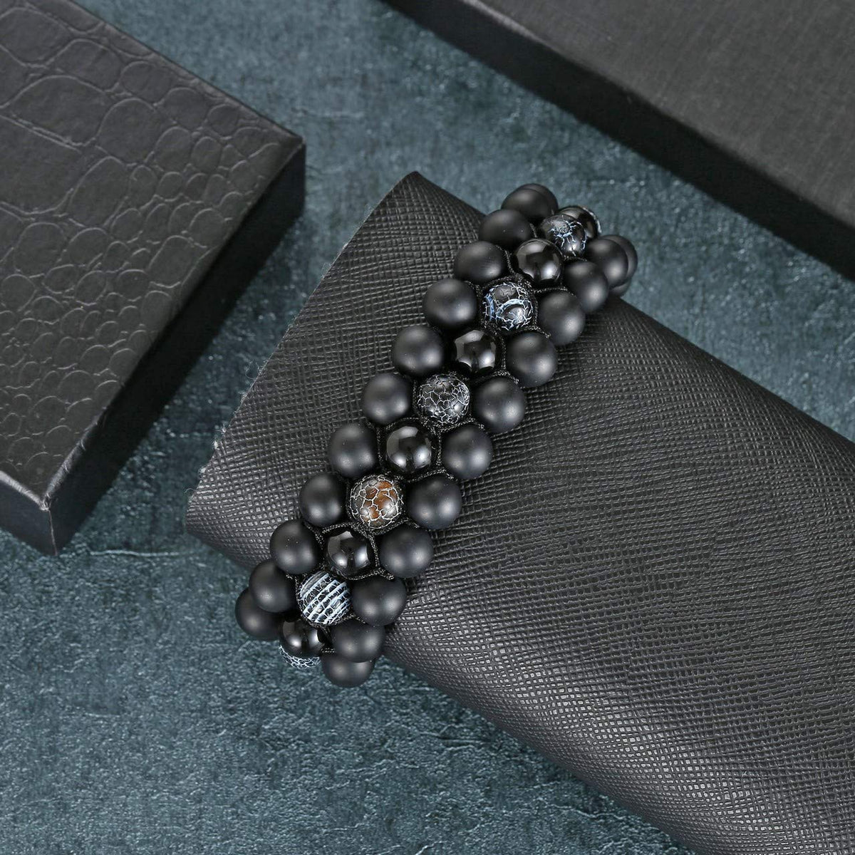 Top Plaza Mens Lava Rock Stone Essential Oil Diffuser Bracelet Chakra Yoga Healing Crystal Bracelet Natural Gemstone Beads Anxiety Bracelets Braided - Matte Black Agate + Dragon Stone