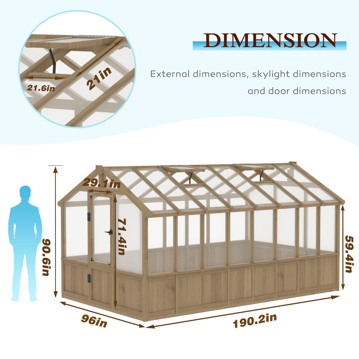 Yardenaler 8x16 FT Greenhouse for Outdoor, 6MM Thick Polycarbonate Panel Wooden Walk-in Green House with Adjustable Roof Vents and Lockable Door, Backyard Garden, Light Mocha Brown