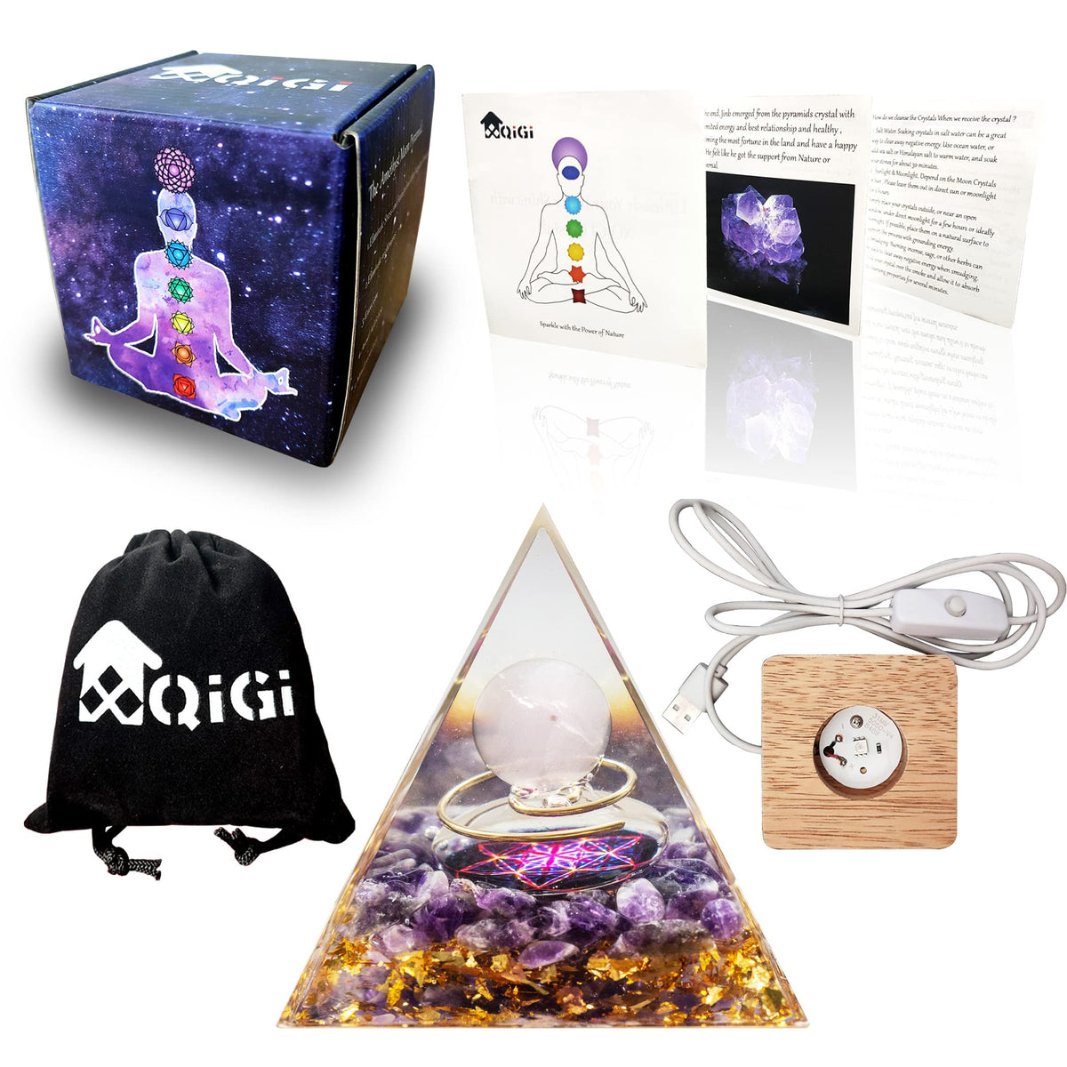 XQIGI Orgone Pyramid Crystal with Light Base, Orgonite Healing Meditation Reiki Stones Protection Amethyst with Copper for Anxiety Balance Anti-Stress Calmness Love (Moon)