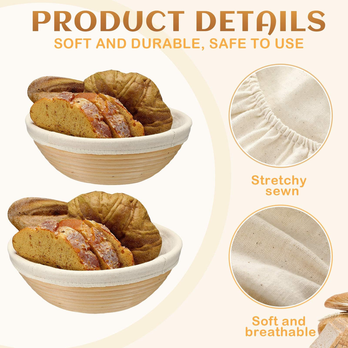 Boao 6 Pieces Bread Banneton Proofing Basket Liner Cloth Cover Natural Rattan Baking Dough Banneton Proofing Sourdough Basket Cloth Liner Bread Baking Supplies (Round,10 Inch)