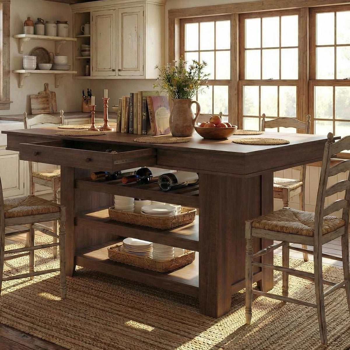 Garvee Counter Height Dining Table with 2 Drawers, 36" Farmhouse Wooden Large Bar Kitchen Table with Wine Rack & 3 Shelves, Rectangular, Thick Frame for Kitchen, Bar & Entertaining, Retro Brown