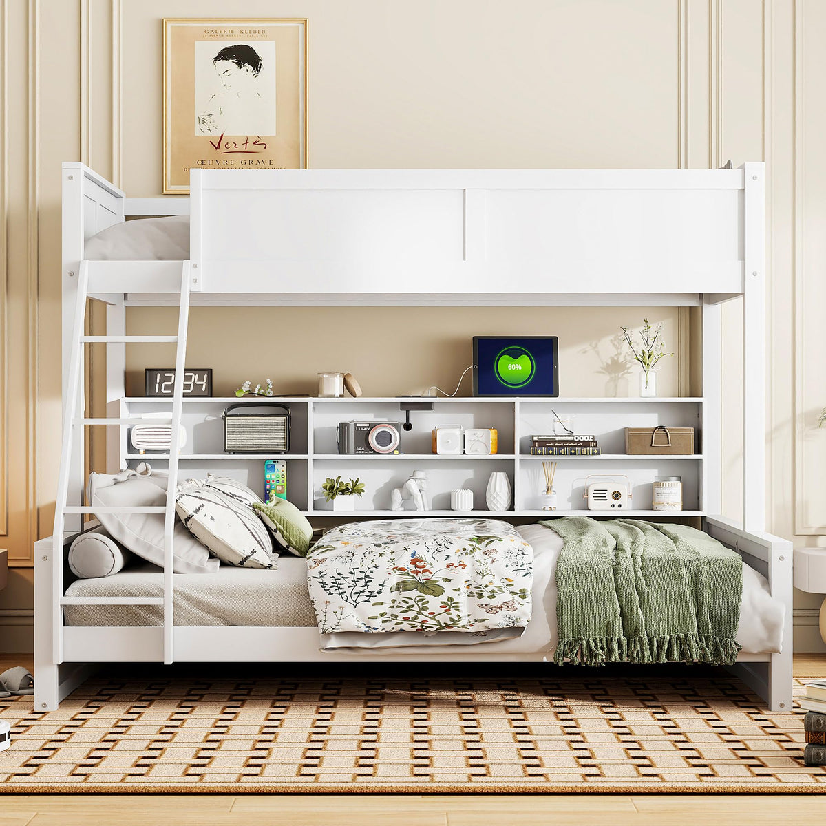 DNYN Twin XL Over Queen Bunk Bed with Storage for Kids/Adults,Solid Wood Bedframe w/Cabinets & USB Ports Design,Perfect for Bedroom, Guest Room, White