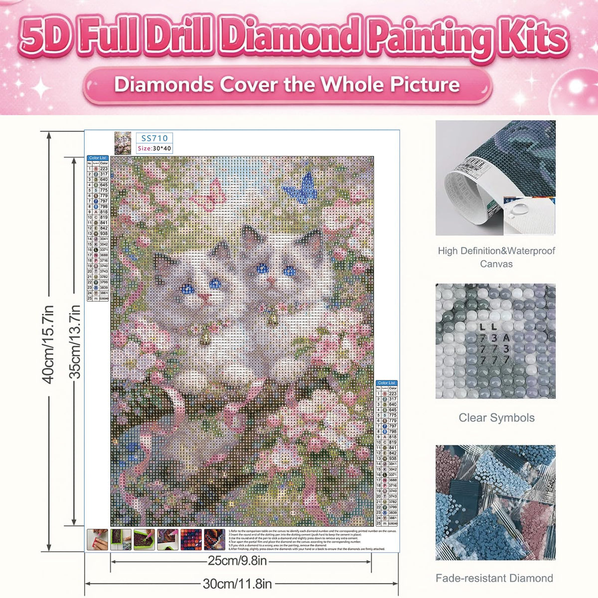 IOHEFY Cute Twin Kittens Diamond Painting 12 x 16 Inch Full Drill Acrylic Diamond Art DIY Crystal Rhinestone Cat Floral Butterfly Artwork Nano Pearlescent Canvas Wall Decor Gift