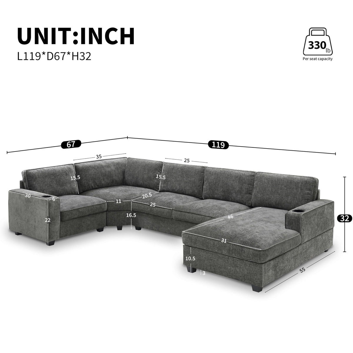 Merax Modern U-Shaped Cloud Couch Set with Oversized Chaise Lounge, Chenille 6-Seat Sectional Sofa Sleeper Bed with Cup Holders for Living Room Dark Gray