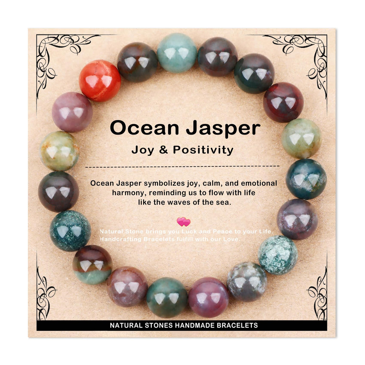 AD Beads 10mm Handmade Ocean Jasper Elastic Bracelet – Natural Gemstone for Joy & Positivity – Meditation, Yoga, Healing and Energy Gift for Men Women