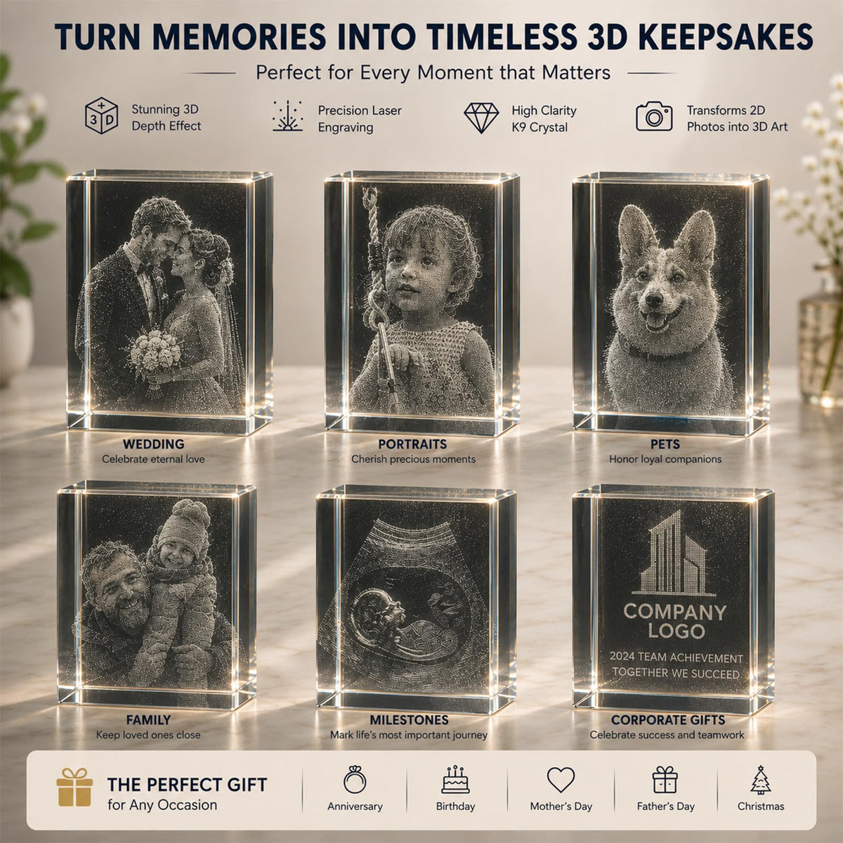 1 Pack K9 Crystal Blank Blocks for 2D & 3D Laser Engraving, 1.97 x 1.97 x 3.15 Inches Clear Glass Cubes for Subsurface Photo Gifts, Professional Grade Crystal Blanks for DIY Custom Awards
