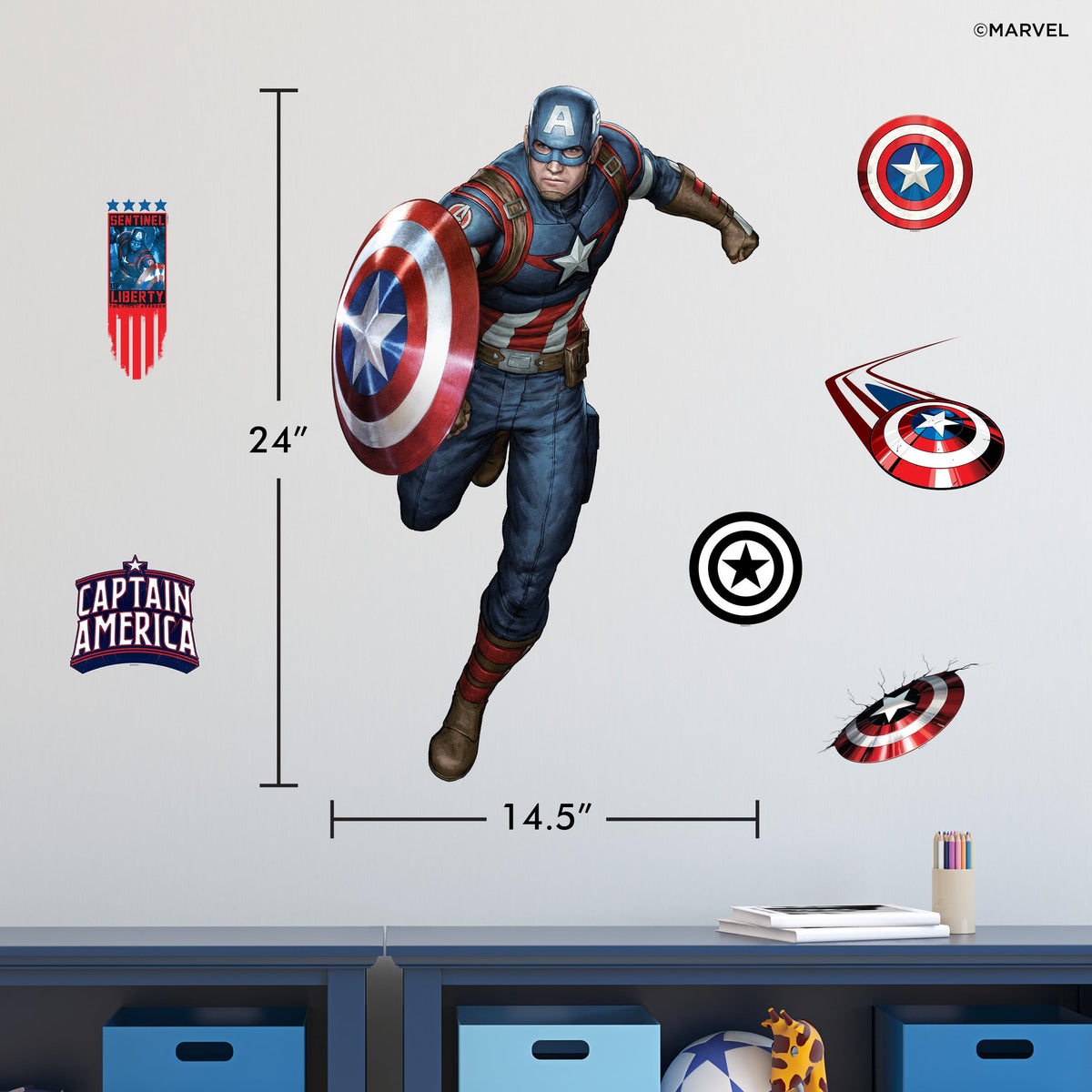 Wall Palz Marvel Captain America Wall Decals - 24" Avengers Removable Vinyl Stickers for Kids Bedroom Playroom Bathroom - Peel and Stick Room Décor