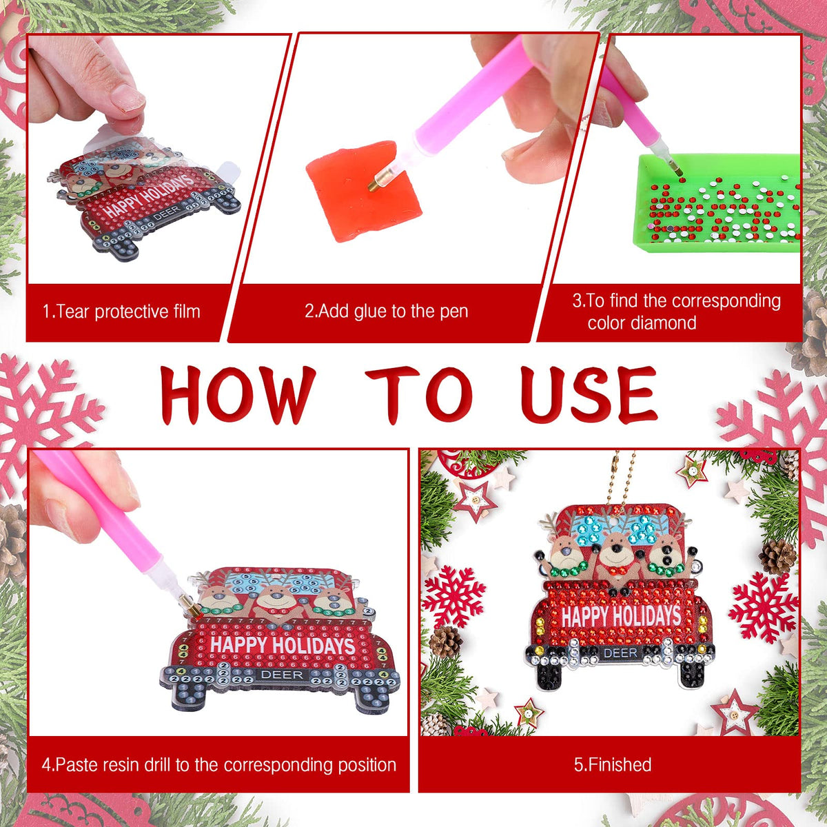 AnyDesign 12Pcs Christmas Diamond Art Keychain DIY Handmade Truck Santa Snowman Gem Painting Pendant Rhinestone Mosaic Making Full Drill Diamond Key Chain for Crafts Gift