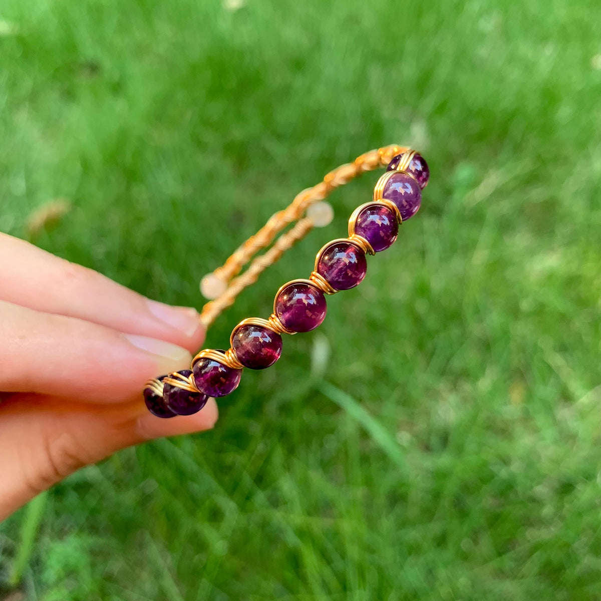 PSEEHEE Handmade Genuine Amethyst Beads 14k Gold Filled Wire Wrapped Bracelet, Birthstone Chakra Healing Crystal Chips Adjustable Bangle Cuff Jewelry Gift for Women Men