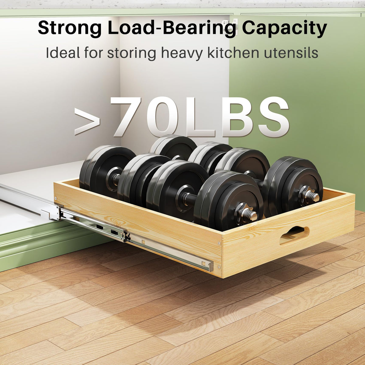 Pull Out Cabinet Organizer, Soft Close Wooden Slide Out Drawers for Pots and Pans, Full-extension Roll Out Shelves for Kitchen Cabinets, Pantry Organization, Bottom & Side Mount(15"W X 21"D x 3.4''H)