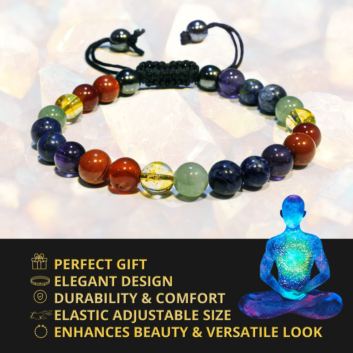 ANAYA AGATE Healing Crystal Bracelet – Chic Gemstone Bracelet for Men and Women – 8mm Round Bead Bracelets for Spiritual Healing, Protection, Positive Energy - Seven Chakra