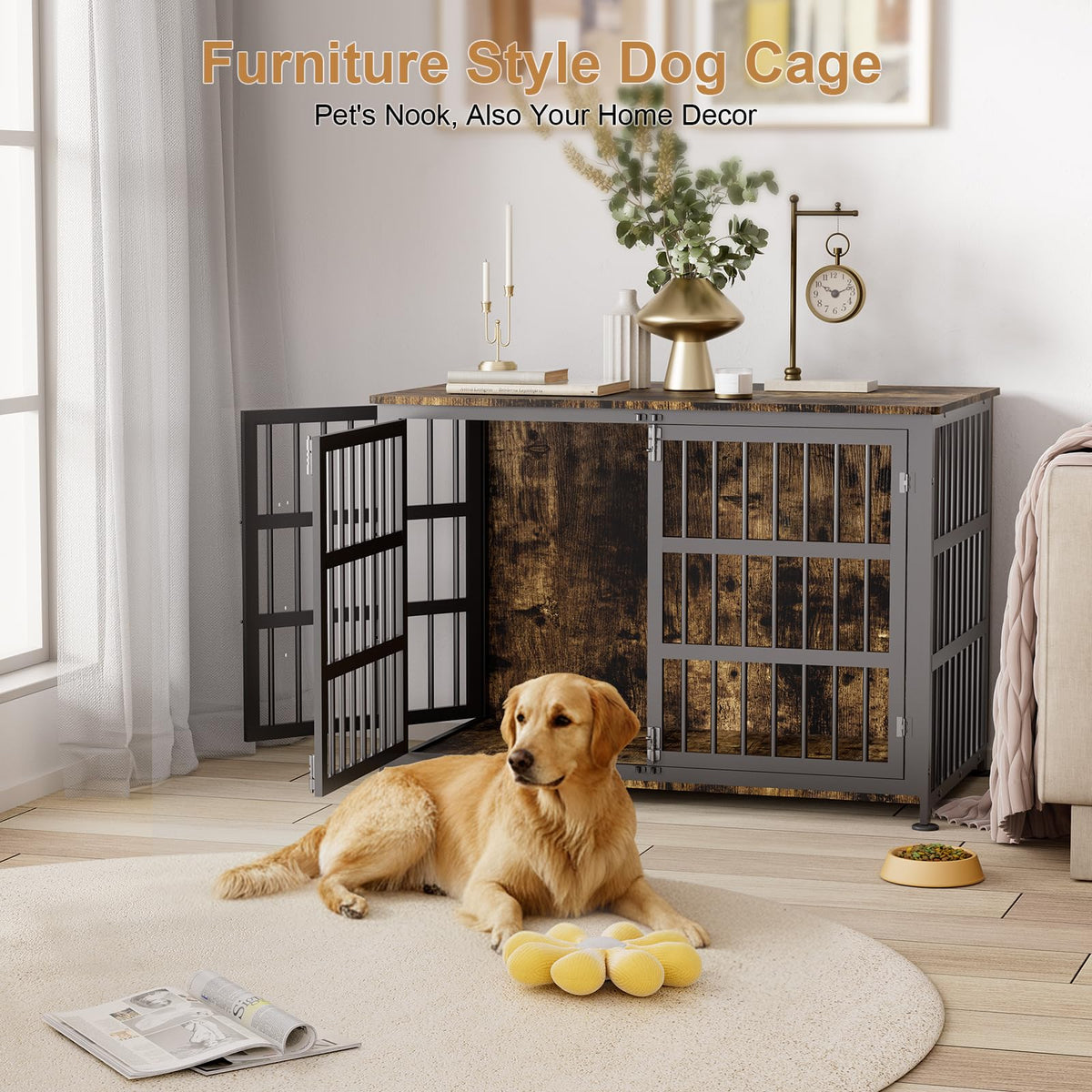 46" Dog Crate Furniture with Wheels, XXL Heavy Duty Dog Kennel Indoor for XL Dogs, Metal Chew-Proof Dog Cage, 45.9" L x 27.6" W x 32.4" H, Decorate House as TV Stand, End Table — Rustic Brown