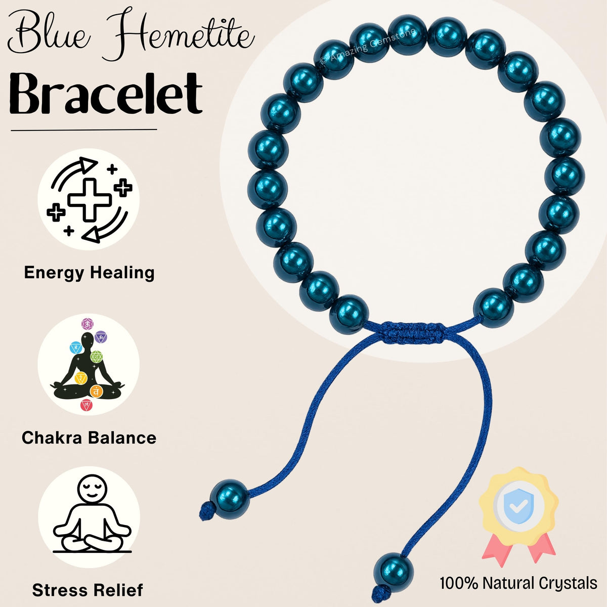 Amazing Gemstone Blue Hematite Bracelet for Women Men's Gifts - Protection Healing Crystal Bracelet - 8mm Gemstone Beaded Adjustable Bracelet Pulseras Para Hombres Mujer Stocking Stuffers