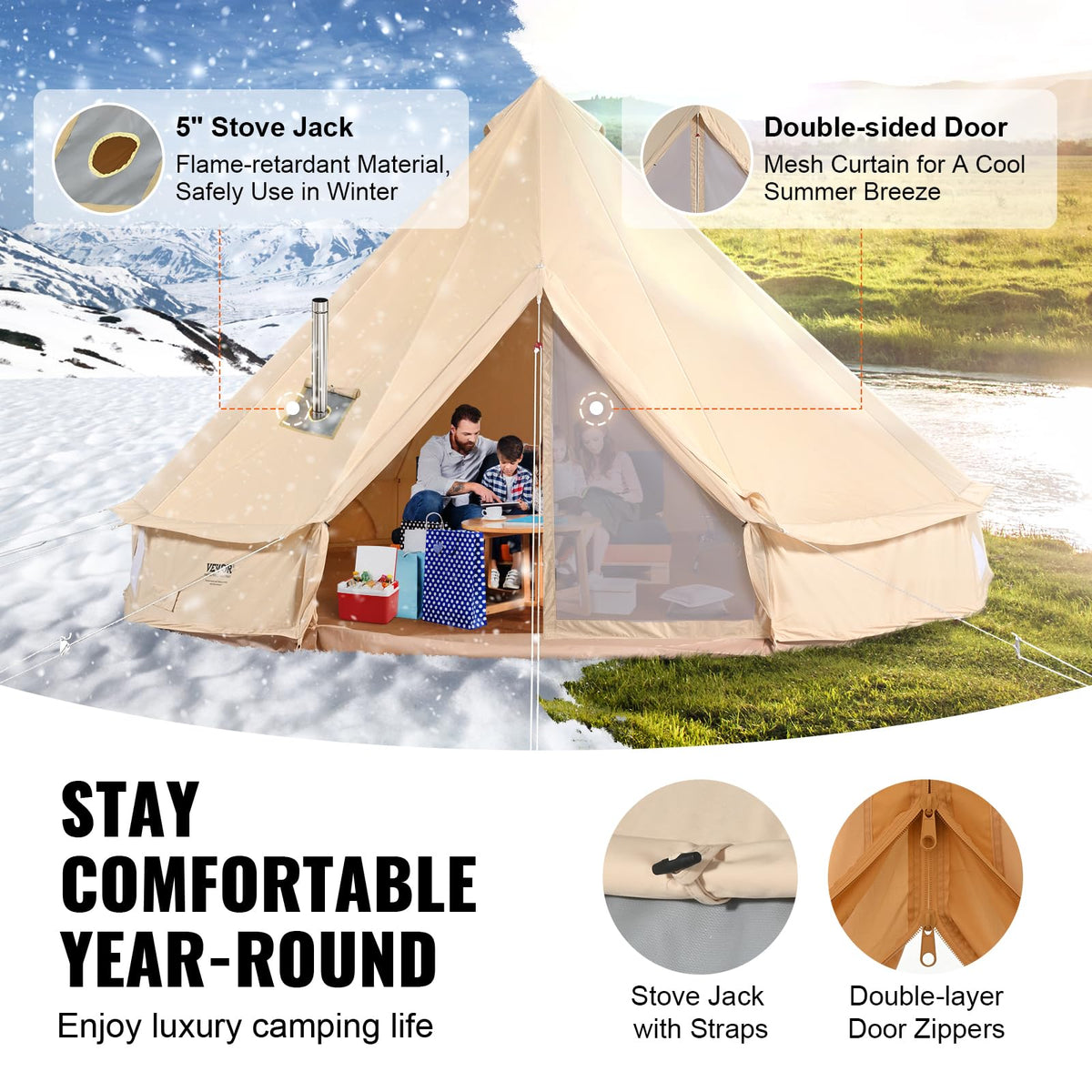 VEVOR Canvas Tent Bell Tent, 4 Seasons 7 m/22.97 ft, for Camping with Stove Jack, Family Camping Outdoor Hunting Party