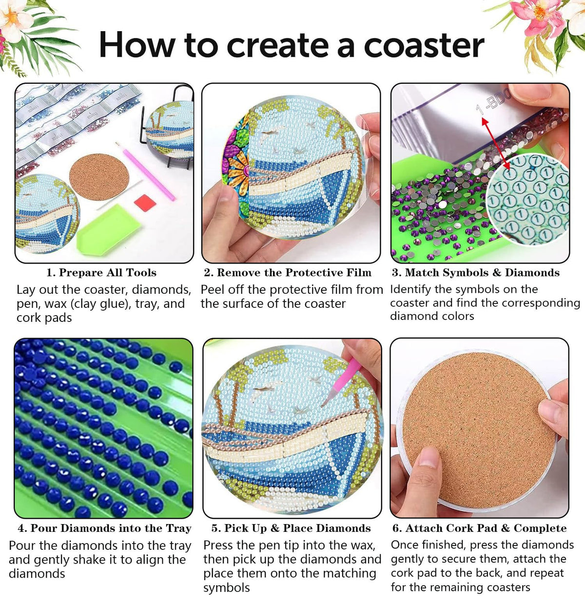 croshom Ocean Diamond Art Coasters Kits, 8 Pieces Ocean Diamond Painting Coasters with Holder, Diamonds Art Painting Kits for Adults, 5D DIY Wooden Coaster for Gift