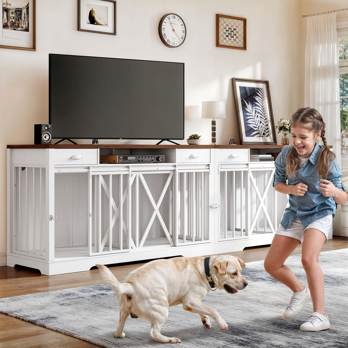 DWVO 63 Inch Double Dog Crate Furniture for 2 Dogs, Heavy Duty Wooden Dog Crate TV Stand with Charging Station, Dog Kennel Indoor Furniture Double Sliding Barn Door Design Ideal for 2 Dogs, White