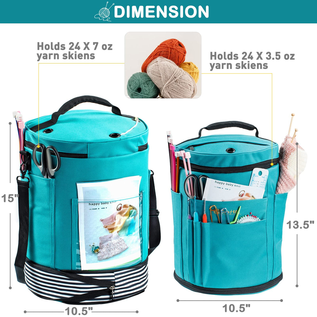 MYBAGZING Expandable Yarn Storage Organizer, Crochet Bag & Yarn Tote with Zipper Closure, Yarn Holder for Crocheting and Knitting for Yarn Skeins, Hooks, Needles,Accessories – Gift for Crafters
