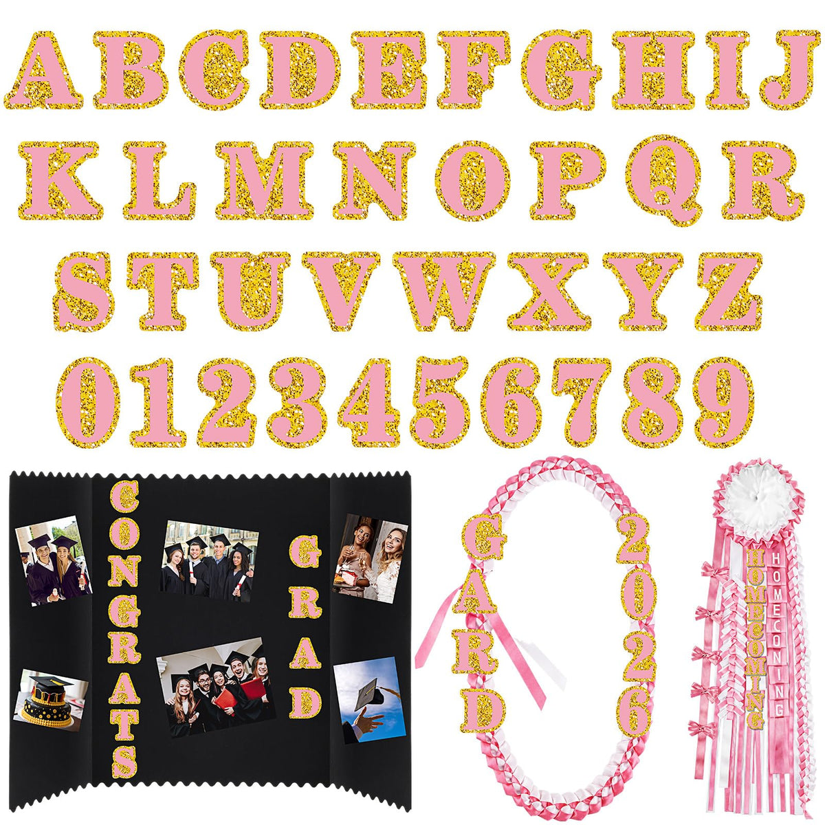 FunooFuno 72 Pcs Glitter 2026 Graduation Letters Numbers Cardstock Shiny Crafts Alphabet with Adhesive Dots for Graduation Trifold Photo Board Grad Leis Homecoming Mums DIY Supplies(Pink Gold)