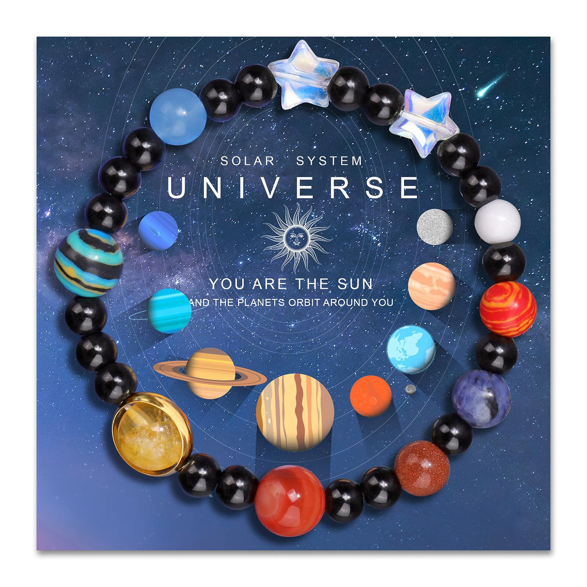 Risyfjew Solar System Eight Planets Guardian Star Bracelet Cosmic Jewelry with Natural Chakra Stones Adjustable Stretch Crystal Bracelet for Men Women Gift for Space Lovers